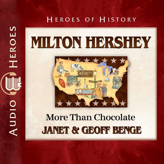 Audioboek 'Milton Hershey: Meer dan Chocolade'. Kaart van de VS met chocoladefabriek, boerderij en historische figuren.