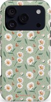 Casetastic hoesje geschikt voor Apple iPhone 17 Pro - MagSafe - Dubbellaagse bescherming - Vleugels en madeliefjes - Fashion Case - Saliegroen Lichtgrijs Wit