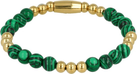 Bracelet élastique en perles d'or avec des pierres précieuses de malachite - Bracelet en or de Luxe grâce à une combinaison de pierres précieuses de malachite avec des boules en acier inoxydable - Avec coffret cadeau de luxe