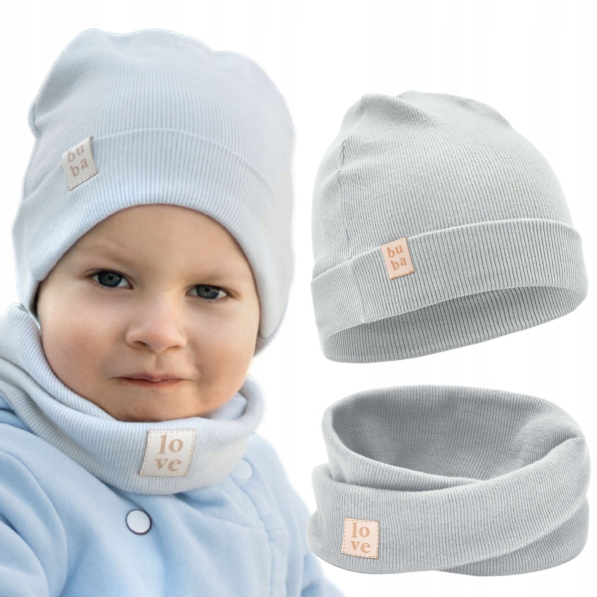 Baby muts en colsjaal set lichtgrijs katoen 40-46 cm