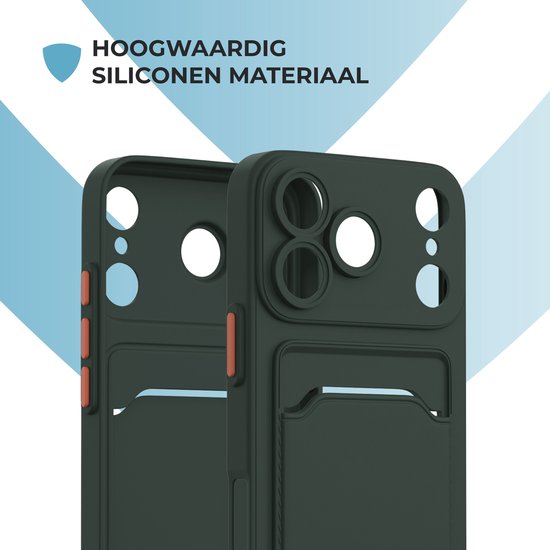Donkergroen telefoonhoesje met kaarthouder. 'Hoogwaardig siliconen materiaal'.