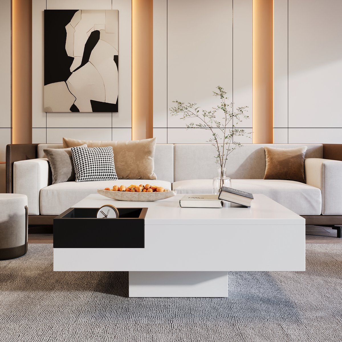 MODFU Hoogglans salontafel, wit en zwart, met afneembare opbergdoos en LED-verlichting, 72x72x30 cm