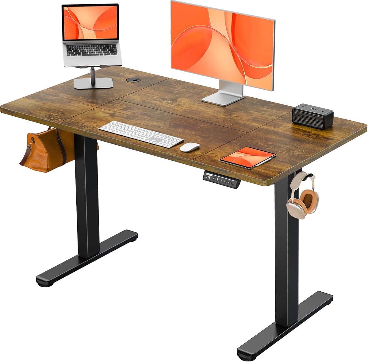 Electric Desk ProErgo XL – Ergonomic Height Adjustable Desk 120x60 cm with 4 Memory Functions – Gaming Desk & Office Workstation in Vintage Wood Finish – Modern, Sturdy Metal & Wood Construction
