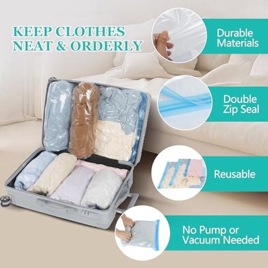 Cozary 9 stuks vacuümzakken voor kleding, reizen, compressiezakken om op te rollen in 3 maten (35 x 50/40 x 60/50 x 70 elk 3 stuks), rol-compressiezakken zonder pomp, voor koffer, rugzak — afbeelding 3