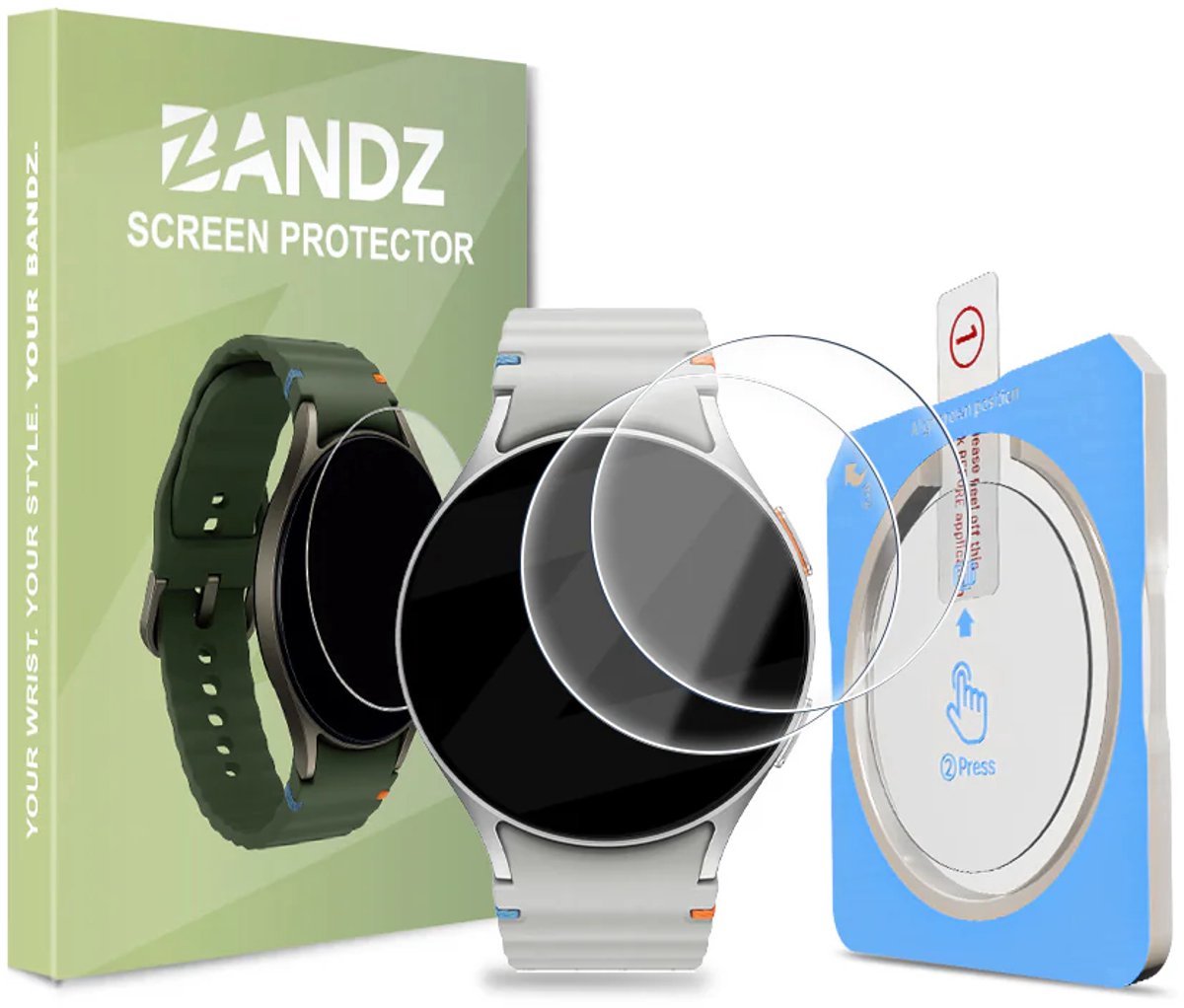 Bandz Glazen Screenprotector (2 Pack) met One-Click Tool – helder, krasbestendig, bubbelvrij – geschikt voor Samsung Galaxy Watch 7 44mm
