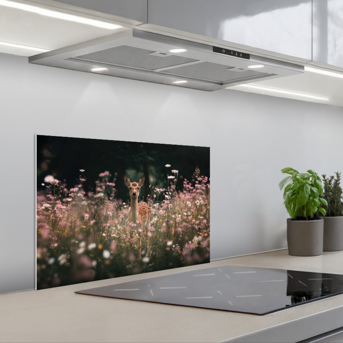 Spatscherm 60x40 cm - Zelfklevende achterwand Hert - Wilde bloemen - Bos - Keuken muurbeschermer - Spatwand fornuis