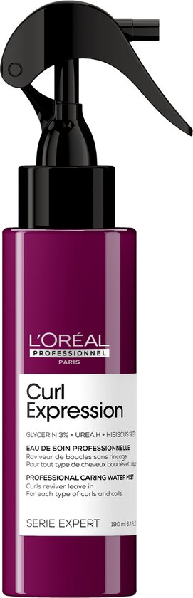 Flacon pulvérisateur L'Oréal Professionnel violet avec pulvérisateur noir, pour boucles et coils.