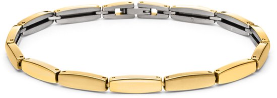 Gouden schakelarmband met mat zilverkleurige details, in een ovale vorm.