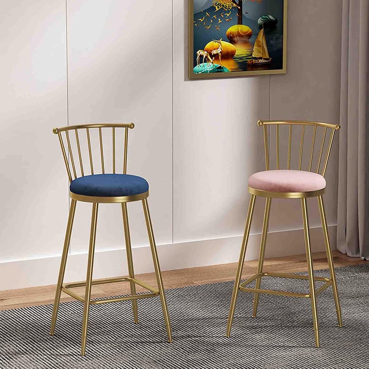 Set van 2 Design Barkrukken met Rugleuning - Rugleuning Voetensteun Zacht Voerde Keuken - Medahomestore