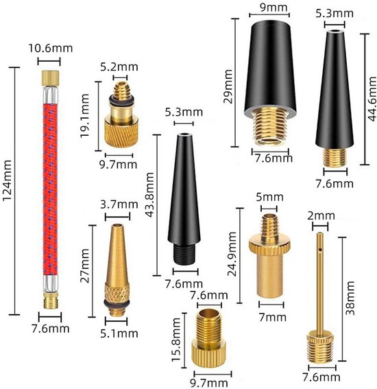 Allecto Plus - 16-delige set voor balpomp en fietsventieladapter, met DV/AV/SV - Handig voor fietsbanden oppompen. — afbeelding 5