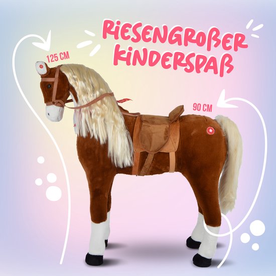 Bruin pluche paard van 125 cm met blonde manen, zadel en witte kousen. Tekst: "RIESENGROBER KINDERSPASS".