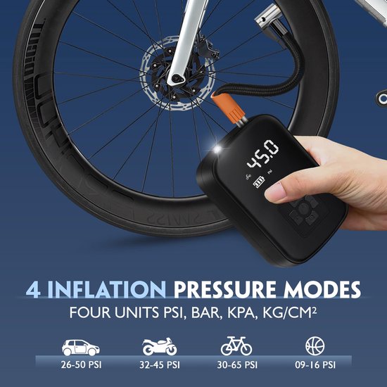 Ynkkvre – luchtpomp – 150 PSI mini luchtcompressor elektrisch met digitaal LED-display en LED-licht – 4000 mAh accu – voor auto, fiets, motor, basketbal, voetbal — afbeelding 2