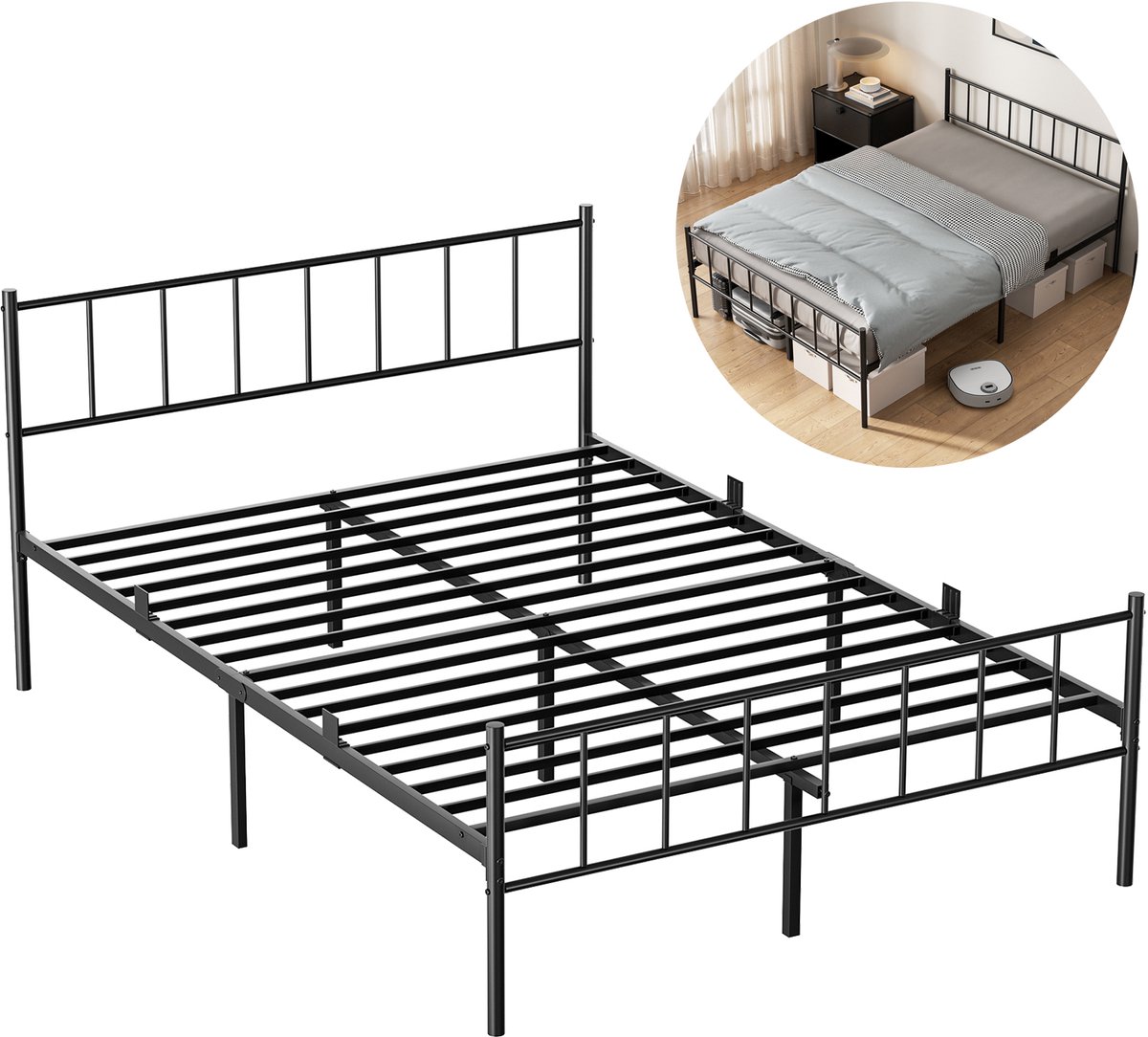 Auralum max KUTAS Metalen bedframe 140x200 cm - Minimalistisch - Met Hoofdeinde - Anti Slip - Stevig - Roestvrij - Tweepersoonsbed - Zwart