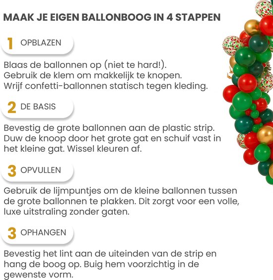 Instructions pour créer une arche de ballons : gonfler, fixer la base, remplir, suspendre.
