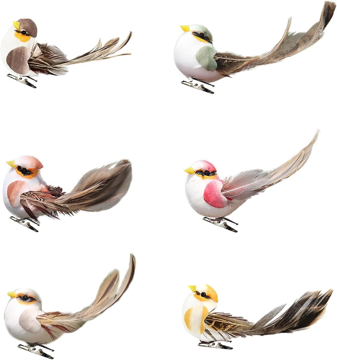 Ronte - Mini Vogel Decoratie Set voor Tuin en Feest - 6 Stuks Veer Vogel Model - Decoratieve Vogels voor Kerstboom en Bruiloft - Kunstmatige Decoratie met Realistisch Design