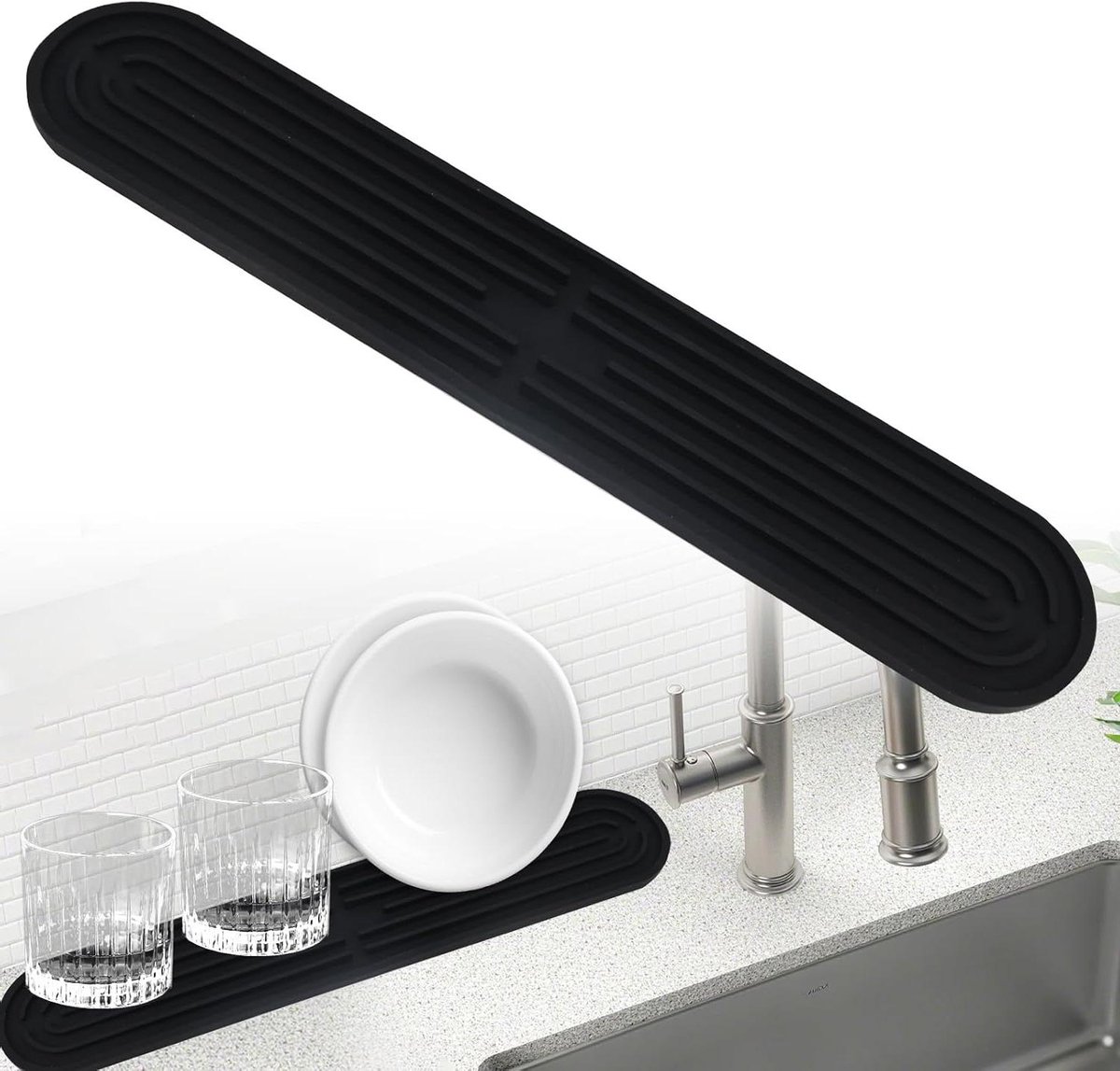 Allecta - Smalle siliconen afdruipmat, verlengd, antislip - 43 x 7,8 cm - vaatwasmachinebestendig - zwart.
