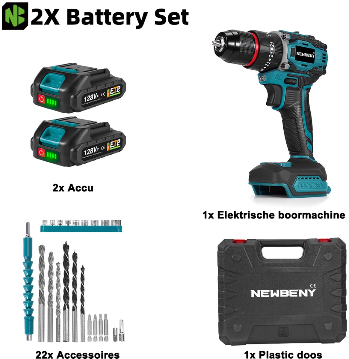 NewBeny Accuboormachine - 80Nm Accu Schroefboormachine - 21V Boormachine - met 2 Accu's - Borstelloze Accuboortol - 25+3 koppelniveaus - 2 snelheden – foto 4