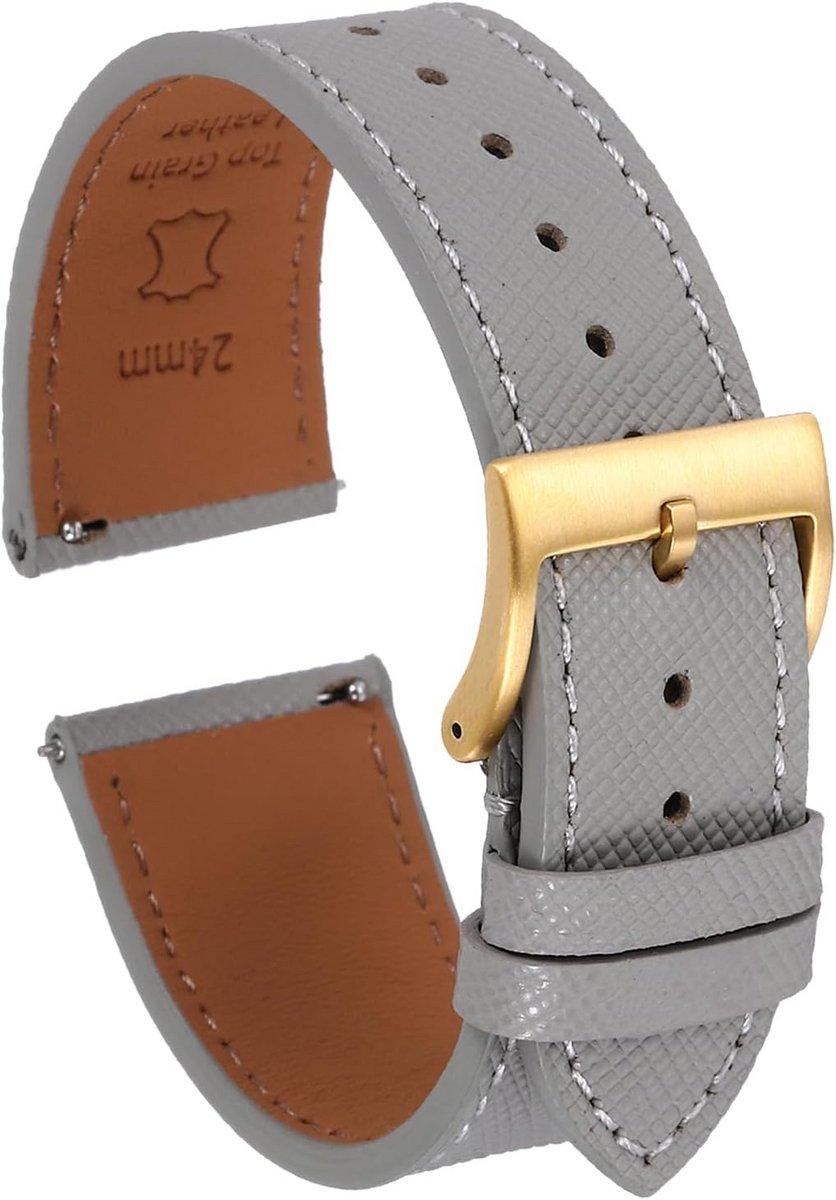 Echt Leren Horlogeband 24mm met Gouden RVS Gesp - Snelwissel Reservearmband voor Heren en Dames, Grijs