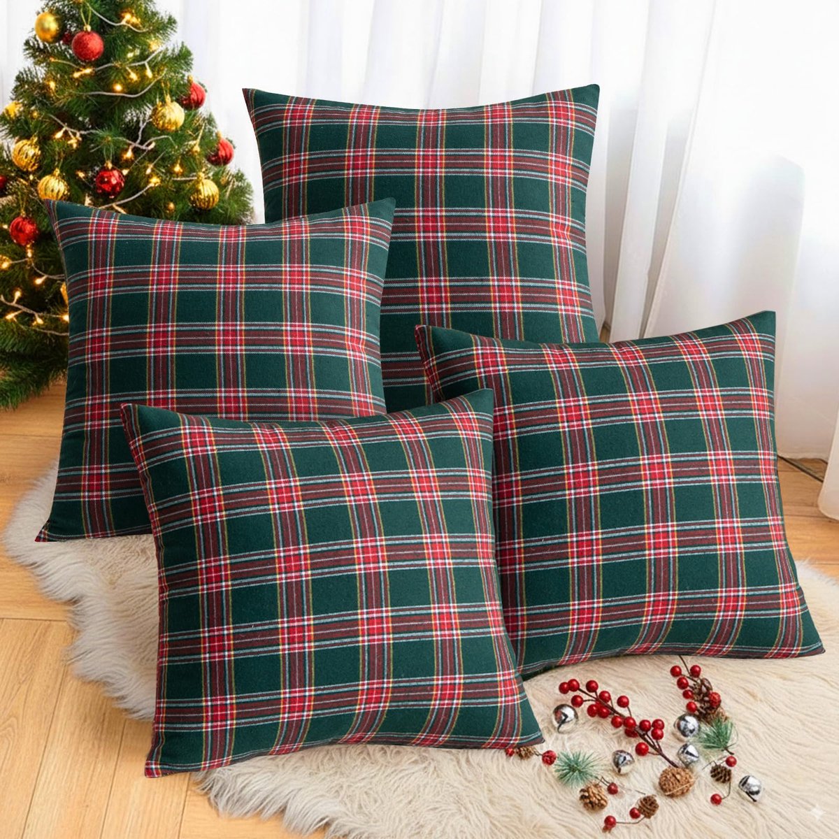 Unyqoos Set van 4 rood geruite kerstkussenhoezen voor sfeervolle decoratie Rood en groen