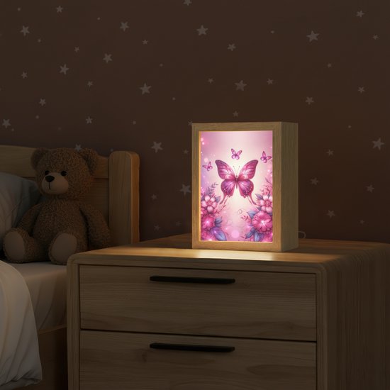 Nachtlampje 15x20 cm - Kinder lampje - Vlinder - Roze - Bloemen - Tafellamp kinderkamer - Slaapkamer lamp - Bedlamp kinderen - Kinderlampje stopcontact - Wandlamp babykamer - Nachtlampjes van Luzifi — afbeelding 2