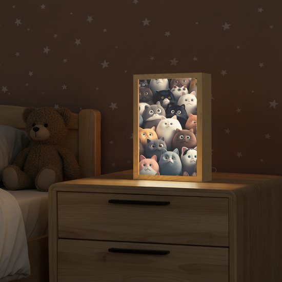 Nachtlampje 20x30 cm - Kinder lamp - Kat - Dieren - Poes - Patroon - Jongen - Meisje - Tafellamp kinderkamer - Slaapkamer lamp - Bedlamp kinderen - Kinderlampje stopcontact - Wandlamp babykamer - Nachtlampjes van OnlyWow — afbeelding 2