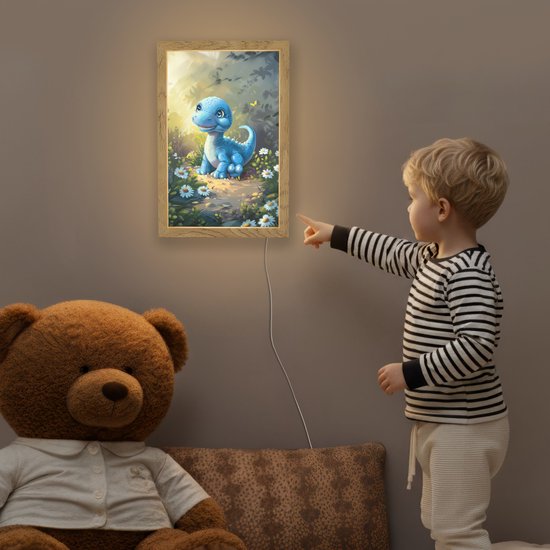 Nachtlampje 20x30 cm - Kinder lampje - Dino - Blauw - Baby - Dinosaurus - Tafellamp kinderkamer - Slaapkamer lamp - Bedlamp kinderen - Kinderlampje stopcontact - Wandlamp babykamer - Nachtlampjes van Merkloos — afbeelding 5