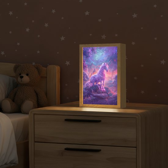 Nachtlampje 20x30 cm - Kinder lampje - Eenhoorn - Fantasy - Kasteel - Meisje - Paars - Roze - Tafellamp kinderkamer - Slaapkamer lamp - Bedlamp kinderen - Kinderlampje stopcontact - Wandlamp babykamer - Nachtlampjes van Merkloos — afbeelding 2