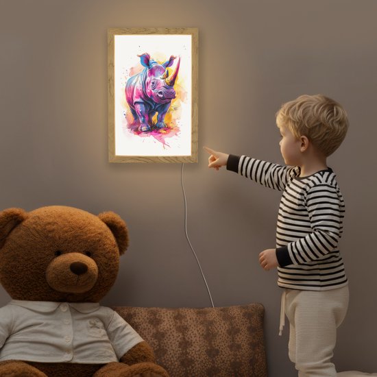 Nachtlampje 20x30 cm - Kinder lampje - Neushoorn - Kleurrijk - Verf - Dieren - Tafellamp kinderkamer - Slaapkamer lamp - Bedlamp kinderen - Kinderlampje stopcontact - Wandlamp babykamer - Nachtlampjes van OnlyWow — afbeelding 5