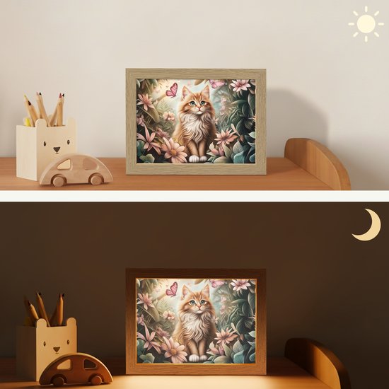 Nachtlampje 20x15 cm - Kinder lamp - Kat - Bloemen - Vlinders - Roze - Tafellamp kinderkamer - Slaapkamer lamp - Bedlamp kinderen - Kinderlampje stopcontact - Wandlamp babykamer - Nachtlampjes van Merkloos — afbeelding 4