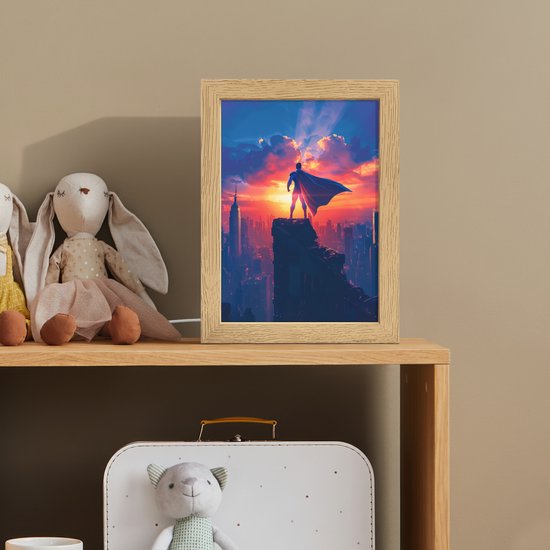 Nachtlampje 15x20 cm - Kinder lampje - Superheld - Stad - Jongens - Kleurrijk - Zon - Tafellamp kinderkamer - Slaapkamer lamp - Bedlamp kinderen - Kinderlampje stopcontact - Wandlamp babykamer - Nachtlampjes van OnlyWow — afbeelding 3