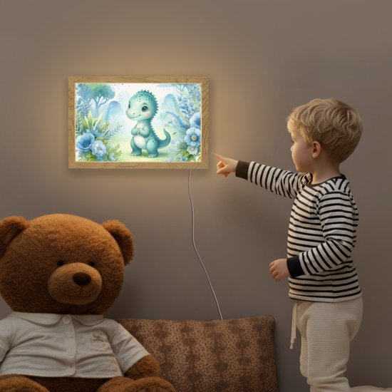 Nachtlampje 30x20 cm - Kinder lampje - Dino - Baby - Regenboog - Pastel kleuren - Tafellamp kinderkamer - Slaapkamer lamp - Bedlamp kinderen - Kinderlampje stopcontact - Wandlamp babykamer - Nachtlampjes van OnlyWow — afbeelding 5