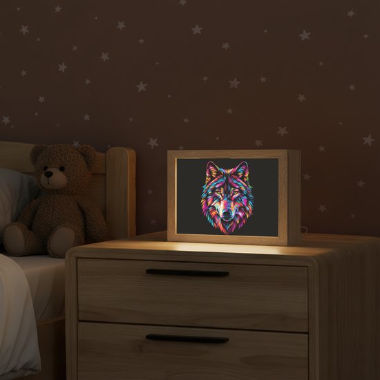 Nachtlampje 20x15 cm - Kinder lampje - Wolf - Kleurrijk - Zwart - Dieren - Neon - Tafellamp kinderkamer - Slaapkamer lamp - Bedlamp kinderen - Kinderlampje stopcontact - Wandlamp babykamer - Nachtlampjes van Merkloos — afbeelding 2