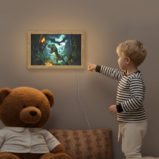 Nachtlampje 30x20 cm - Kinder lamp - Dinosaurus - Draak - Jungle - Groen - Tafellamp kinderkamer - Slaapkamer lamp - Bedlamp kinderen - Kinderlampje stopcontact - Wandlamp babykamer - Nachtlampjes van Merkloos — afbeelding 5