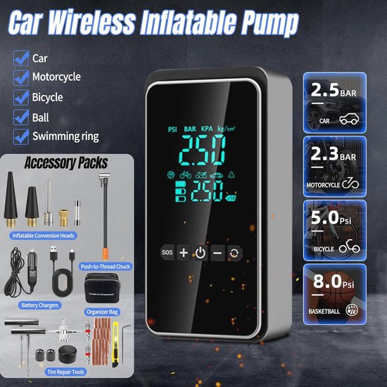 Draagbare Elektronische Luchtpomp met Bandenreparatieset - 150PSI Compressor voor Auto, Fiets, Moto en Ballen — afbeelding 3