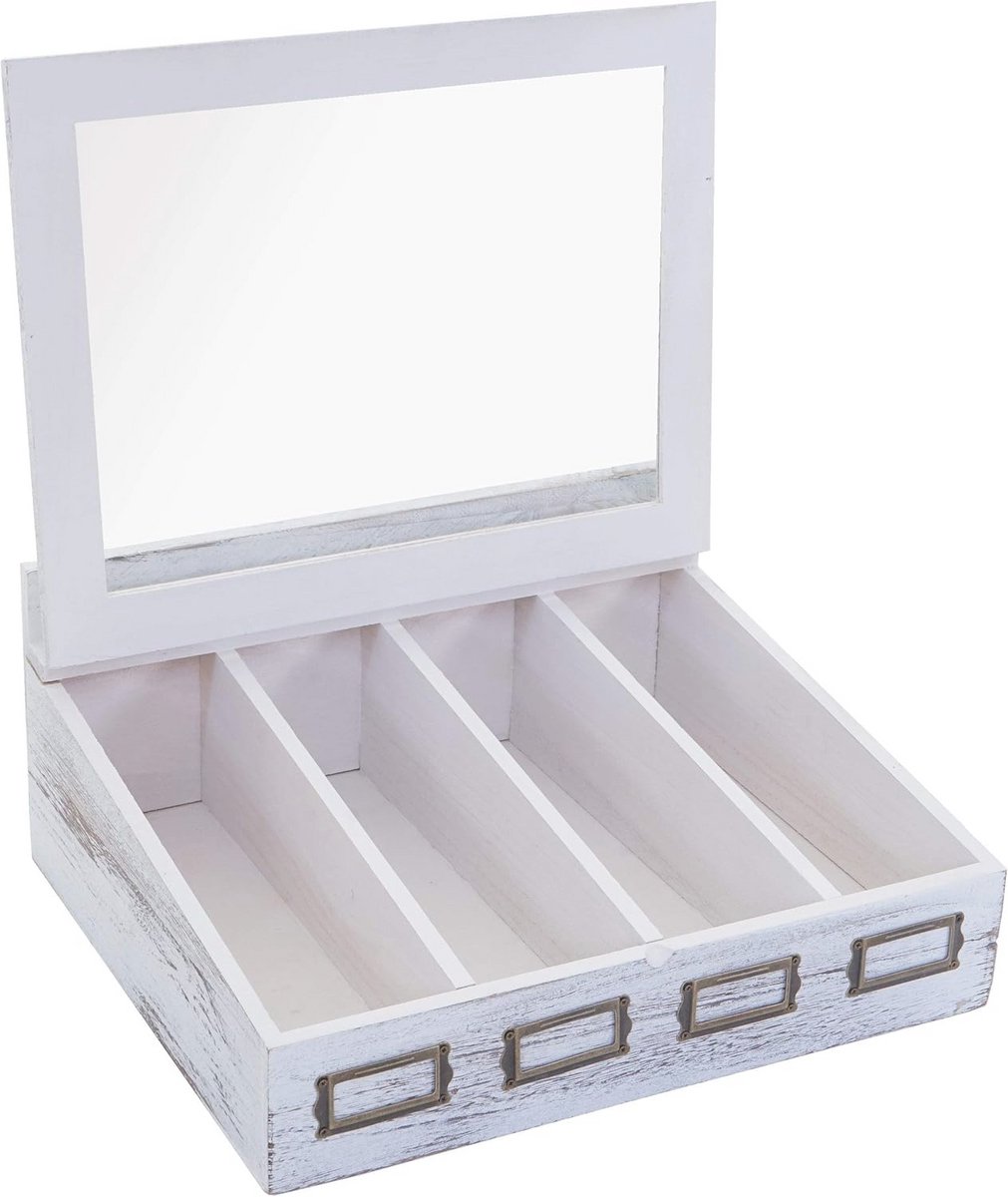 Houten Bestekkist met Deksel - 17x37x33cm - Wit Shabby Look