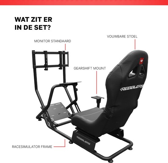 Onderdelen van een zwart racesimulator frame: monitorstandaard, versnellingspookhouder, verstelbare stoel.