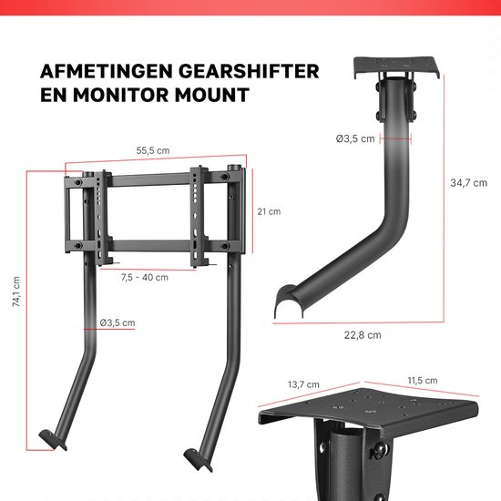 Afmetingen van de zwarte montagebeugels voor versnellingspook (22,8 cm) en monitor (74,1 cm hoog).
