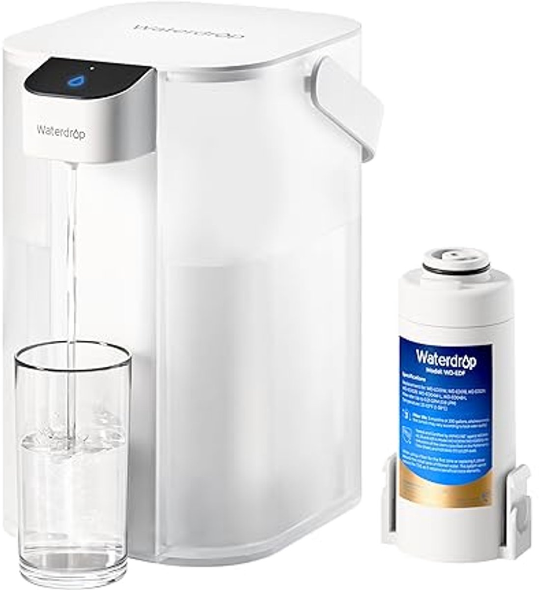 Elektrische Waterfilterkan 3,5L – Directe Filtratie, 0,5 µm Koolstofblok, Vermindert Chloor/Lood/Kwik/PFAS/PFOA/PFOS – 30 Dagen Batterij, BPA-vrij, Outdoor & Indoor Drinkwaterfilter (TDS niet reducerend) – Wit