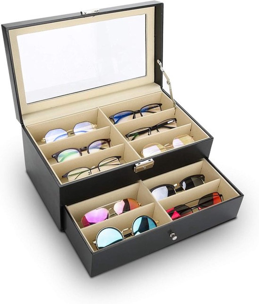 Opbergdoos van glas in eco-leer met display 12 vakken voor sieraden en horloges in hoogwaardig MDF + PU-leermateriaal met transparante hoes