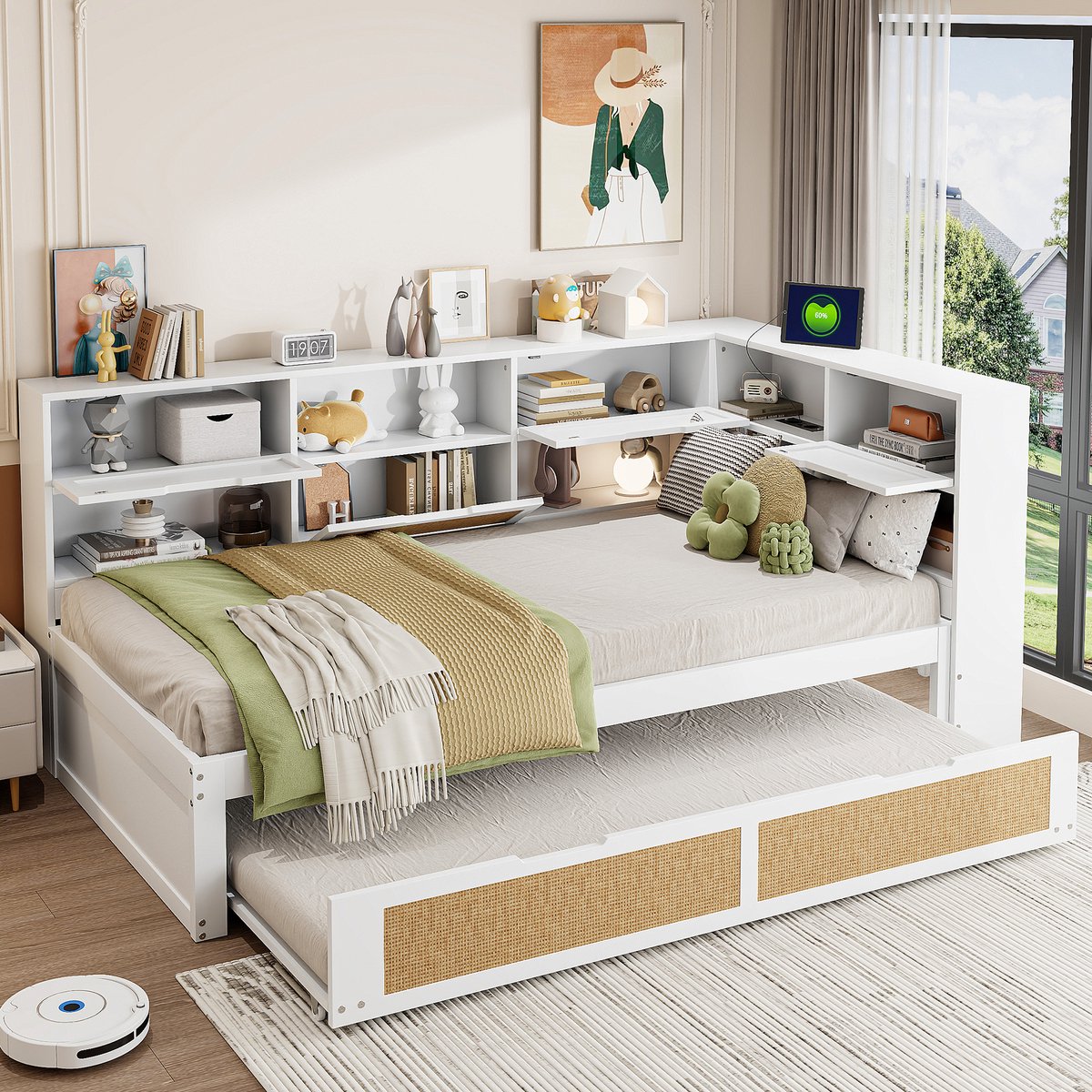 REDOM Ledikant 90x200 cm, multifunctioneel met uitklapbed, opbergruimte en USB, wit, massief hout