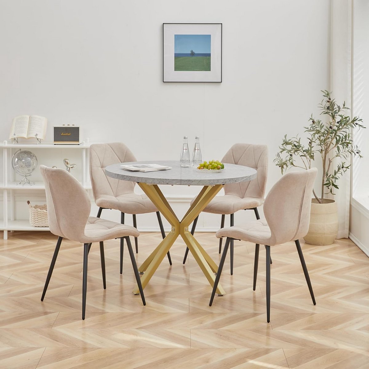Ronde Eettafel 100 cm met 4 gestoffeerde eetkamerstoelen