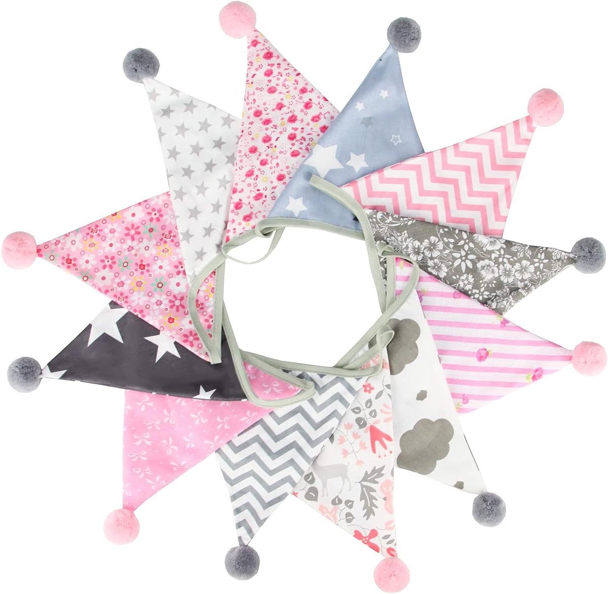 Allecta - Roze en grijze geometrische vlaggenslinger met poms - 4 meter - 12 vlaggetjes - voor verjaardag, kinderkamer, feest.
