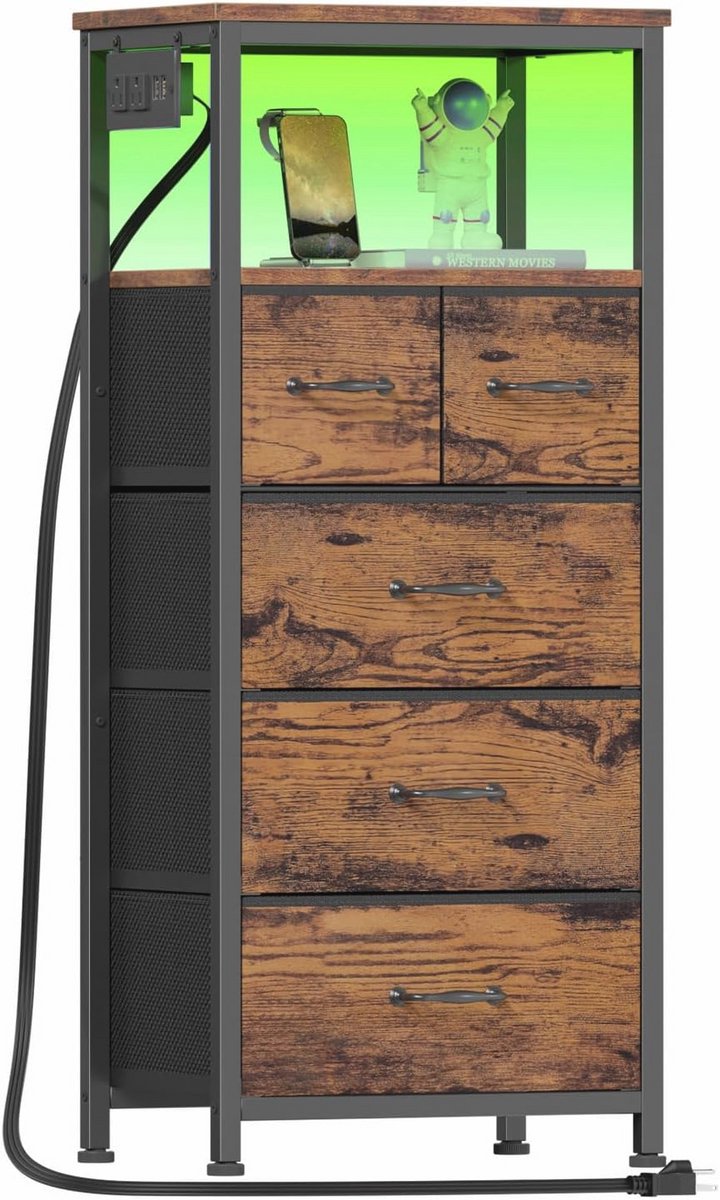 Hoge LED-dressoir met oplaadstation en verticale opbergtoren met 5 laden