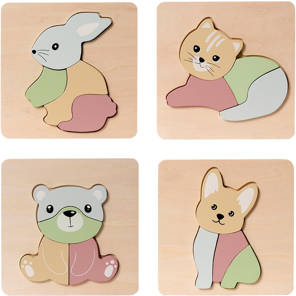 Speelgoedtopdeals - Houten Puzzel 4 assorti - 4 stukjes per puzzel - Beer Hond Kat Konijn - 14,7 cm - Duurzaam Speelgoed