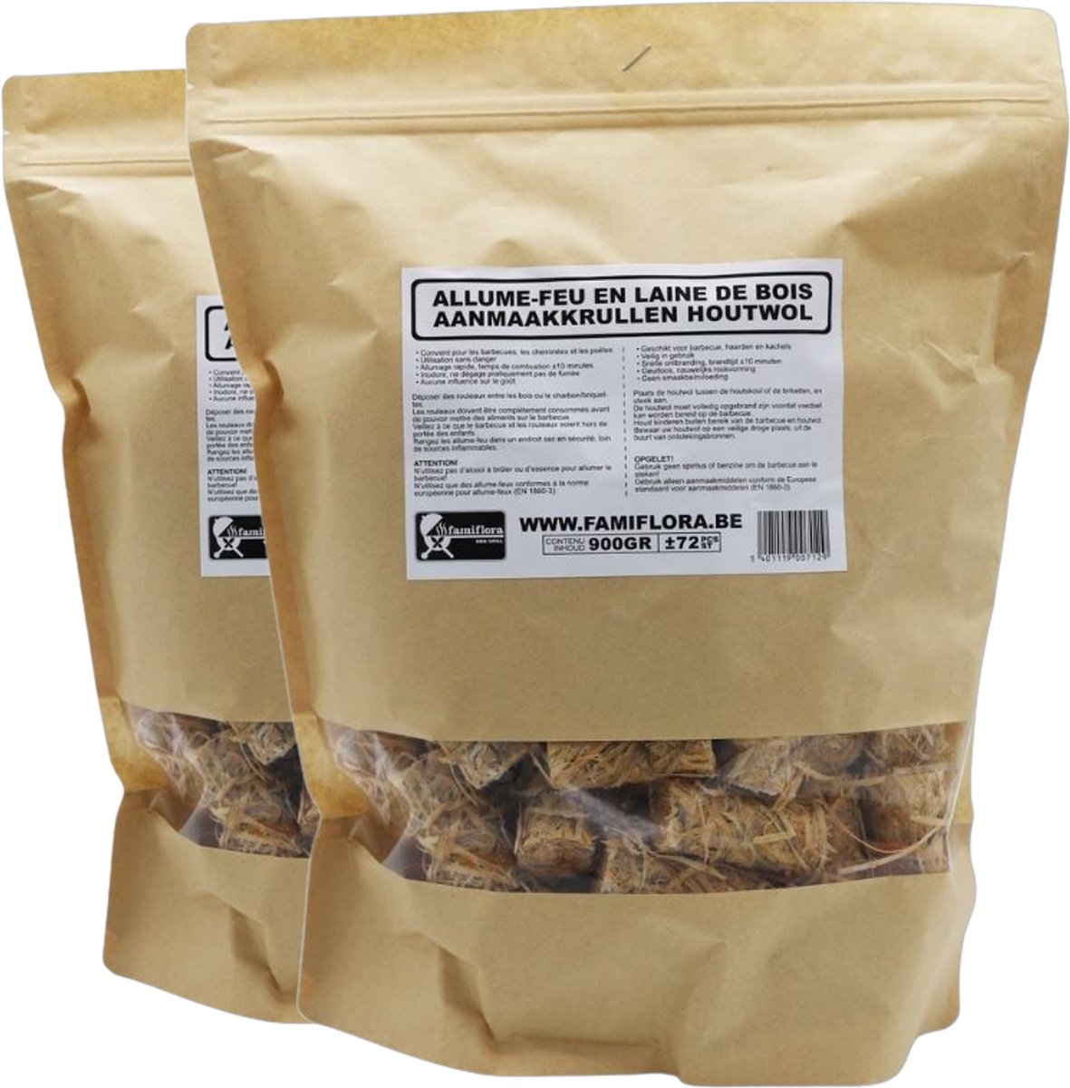 2x Famiflora Houtwol Aanmaakkrullen - 900g (ca. 72 stuks) - Ecologische Aanmaakwokkels - Voor BBQ, Haard & Kachel - Geurloos - Maakt vuur aansteken eenvoudig en snel zonder rook of geur