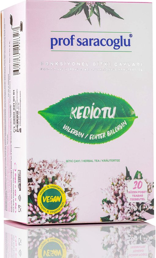 Prof Saracoglu Kediotu thee verpakking met groene valeriaanbladeren en bloemen.