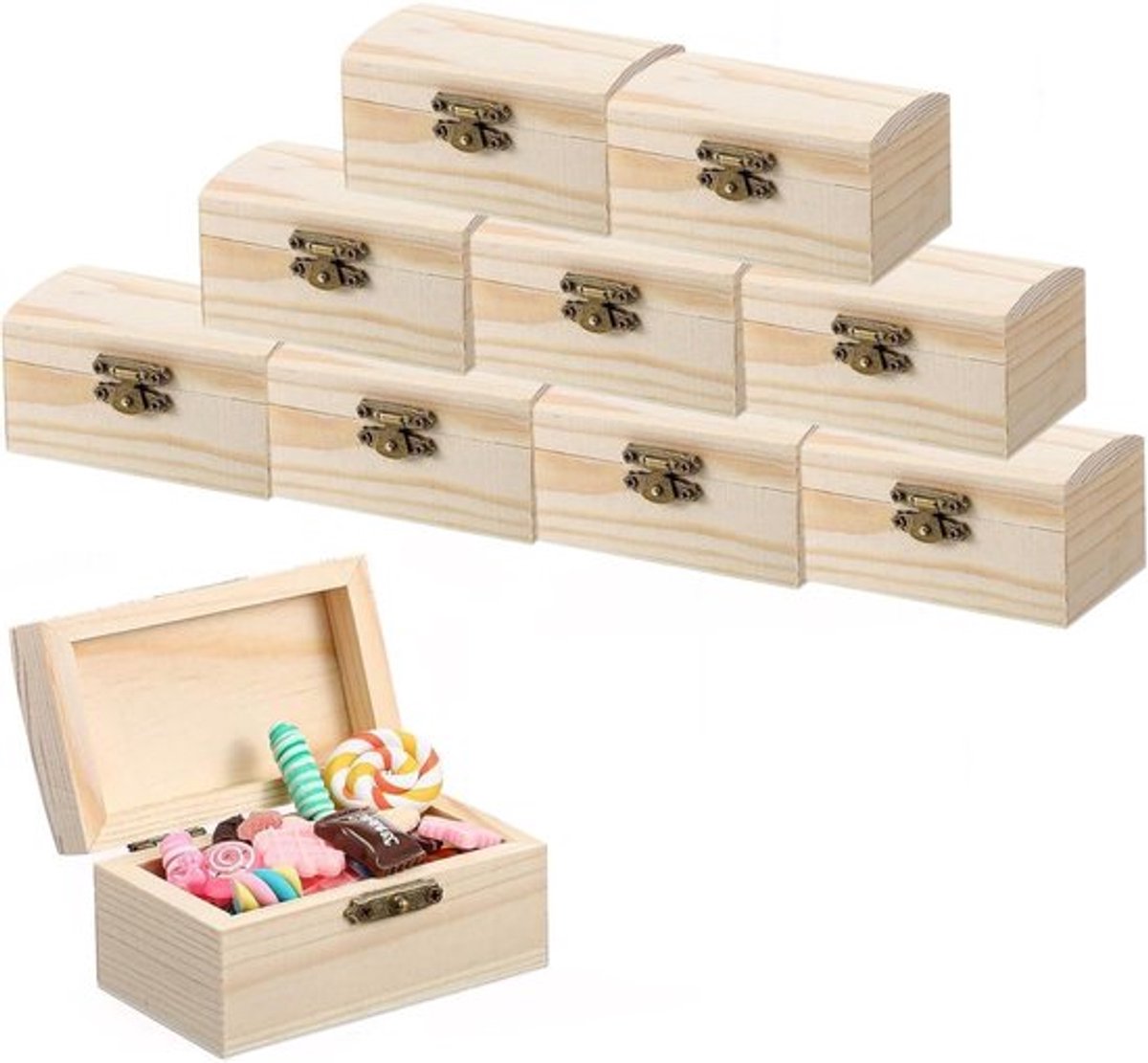 Small Treasure Chest Made of Wood - Mini Rectangular Treasure Box Craft Set of 10