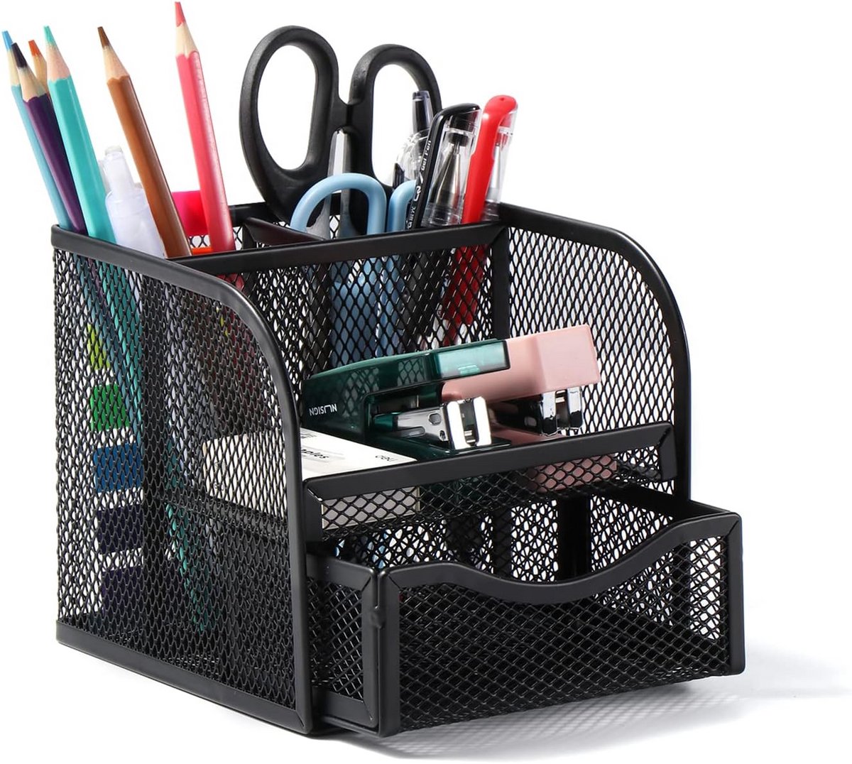 Metalen bureau-organizer met sorteervakken en uittrekbare lade