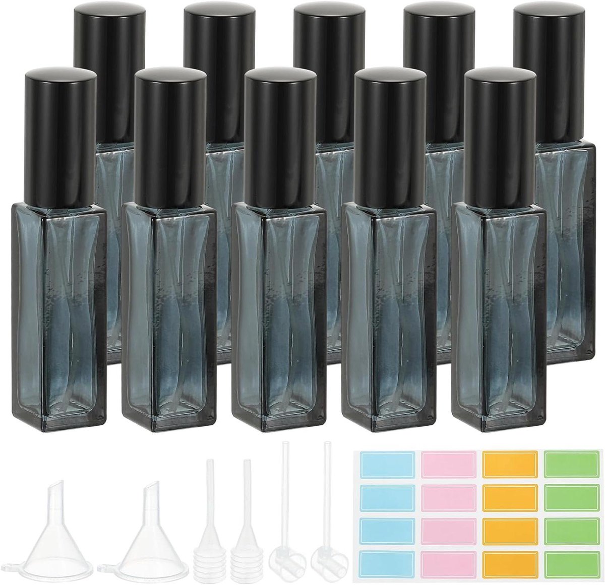 Reisparfumfles - 10ml Fijne Nevel Navulbaar - Parfumdispenser - Sproeier - Etiketten - Trechter - Druppelpipet - Vloeibare Etherische Olie - Blauw/Zwart