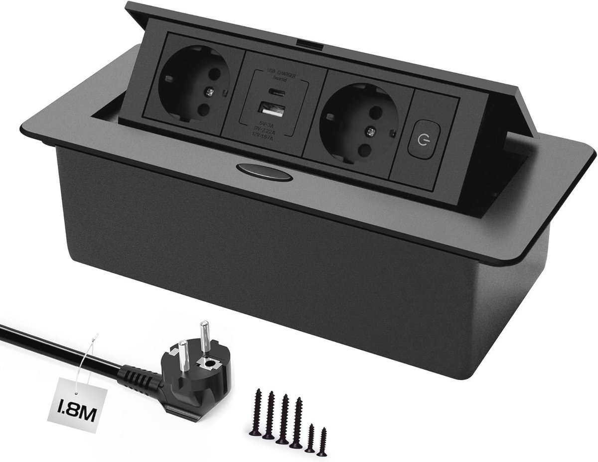 Inschuifbaar stopcontact met USB 3.0 Type C - Snelladen, Ruimtebesparend Pop-up Tafelstopcontact